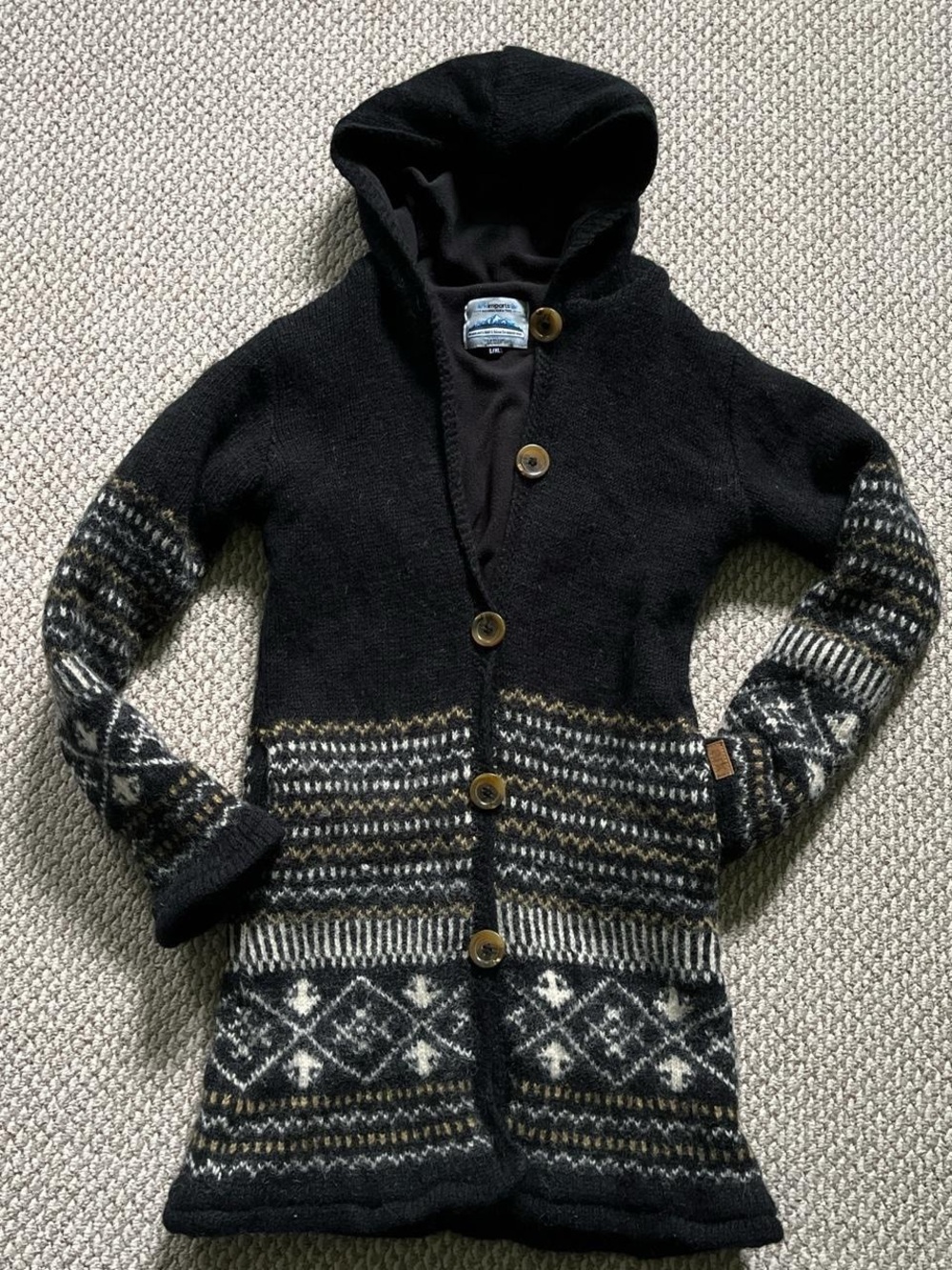 Wool Black Hooded Knit Cardigan with Patterned Trim